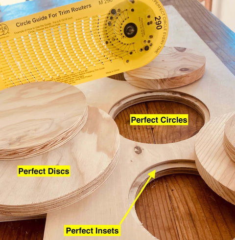 Wood circles cut with a Grade A Circle Jig for woodworking, shown with precise cutouts and a yellow router guide tool.