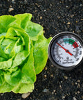 Waterproof Compost And Soil Thermometer With 5 Inch Stainless Steel Stem For Ground And Garden Use next to lettuce in soil.
