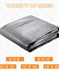 16 Ft By 20 Ft Heavy Duty Poly Tarp, 16 Mil Thick, Waterproof Tarpaulin With UV Protection, folded silver tarp variety sizes