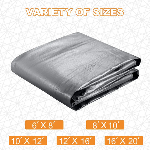 16 Ft By 20 Ft Heavy Duty Poly Tarp, 16 Mil Thick, Waterproof Tarpaulin With UV Protection, folded silver tarp variety sizes