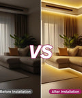 Before and after installation of COB LED Strip Light Warm White 3000K High Density Tape Light in a living room
