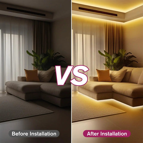 Before and after installation of COB LED Strip Light Warm White 3000K High Density Tape Light in a living room