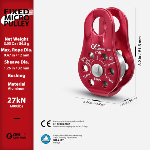 Fixed Micro Pulley for Climbing With 27kN Rating CE UIAA Certified Works With 12mm Rope Slack Tending Gear, red aluminum