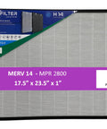 MERV 14 air filter labeled with dimensions 17.5x23.5x1, displayed in packaging with branding and product details.