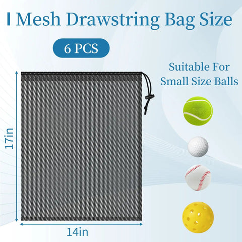Black Six Pack Mesh Drawstring Bags 14 By 17 Inches With Locking Drawstrings for Gym Gear, Beach Toys, Balls, Laundry