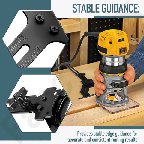 Rock Solid Router Edge Guide For Knockout Precision Cuts On DeWalt Fixed Base Compact Tools and Porter Cable Sub Bases with Zero Friction Tracking during use.