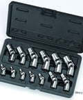Open case showing E-Series Star Socket Set 13 Piece, Female Torx Sockets E4 Through E12 for 1/4 and 3/8 inch drives.