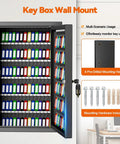 Heavy Duty 150 Key Wall Mounted Lock Box with Key Drop Slot and colorful key tags, rugged anti-theft safe open showing key capacity.