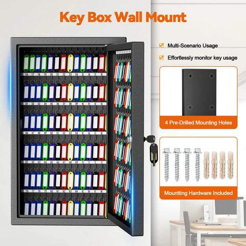 Heavy Duty 150 Key Wall Mounted Lock Box with Key Drop Slot and colorful key tags, rugged anti-theft safe open showing key capacity.