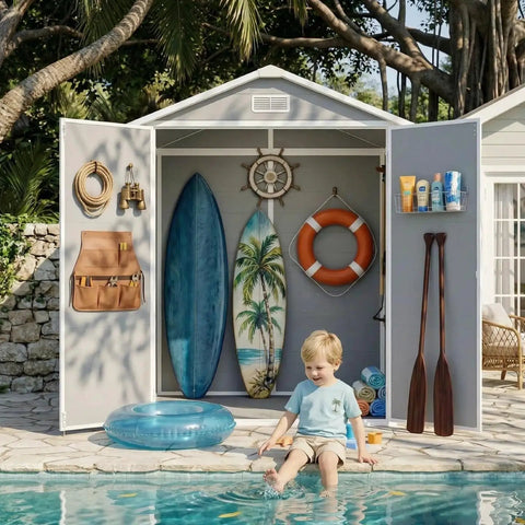 Child sitting by pool with open 6x4.4 Ft Resin Outdoor Storage Shed With Floor Lockable Doors, displaying beach gear inside