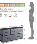 Product dimensions for Five Drawer Fabric Dresser For Bedroom And Closet Storage, Wide Chest Of Drawers With Fabric Bins, Dark Grey.