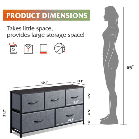 Product dimensions for Five Drawer Fabric Dresser For Bedroom And Closet Storage, Wide Chest Of Drawers With Fabric Bins, Dark Grey.