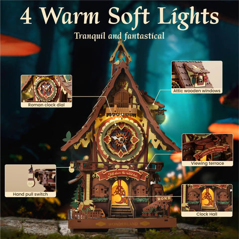 3D Wooden Puzzle Cuckoo Clock Model Kit With Real Function For Adults And Teens showing clock dial and wooden windows