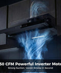Installed 30 Inch Under Cabinet Range Hood With 750 CFM Power, highlighting strong smoke suction, gesture sensing, and touch control.