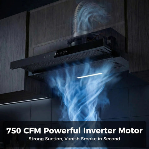 Installed 30 Inch Under Cabinet Range Hood With 750 CFM Power, highlighting strong smoke suction, gesture sensing, and touch control.