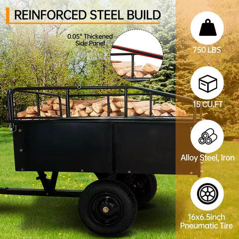 Heavy Duty 750Lb Dump Cart With Hand Pull And Foot Pedal, Steel Garden Wagon loaded with firewood on lawn