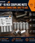 Eight Piece 3/8 Inch Hex Coupling Nuts For Threaded Rods Heavy Duty Carbon Steel Construction 3/8-16 Coarse Threads displayed in packaging.
