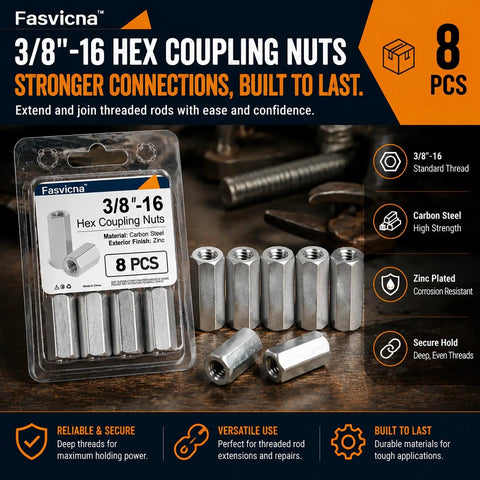 Eight Piece 3/8 Inch Hex Coupling Nuts For Threaded Rods Heavy Duty Carbon Steel Construction 3/8-16 Coarse Threads displayed in packaging.