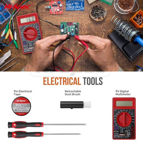 Hands using multimeter from 84 Piece Electronics Soldering Kit With Multimeter And Repair Tools For PCBs And Computers Including A 60W Soldering Iron And Blue ESD Mat Lightweight Starter Gear For DIY Nerds And Hobbyists