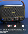 Portable 5W Mini Guitar Amplifier For Electric Guitars With Dual Speakers Rechargeable Battery Bluetooth And Clean Overdrive Effects Perfect For Practice On The Go With Rich Tone And Easy Volume Control showing power switch and effect dials.