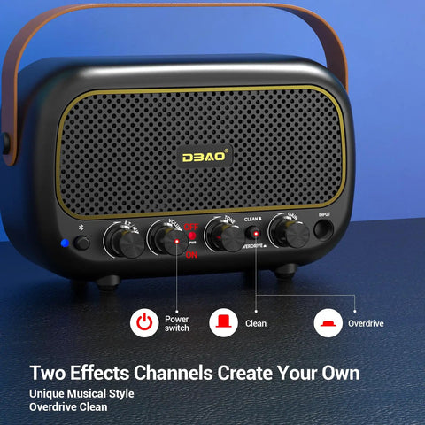 Portable 5W Mini Guitar Amplifier For Electric Guitars With Dual Speakers Rechargeable Battery Bluetooth And Clean Overdrive Effects Perfect For Practice On The Go With Rich Tone And Easy Volume Control showing power switch and effect dials.
