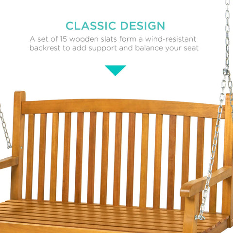 48 Inch Wood Porch Swing For Outdoor Patio Hanging Bench Chair For Deck, Garden, And Yard With Mounting Chains, Curved Back Design, Brown