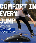 Skateboarder jumping on single-piece skateboard ramp for beginners, 44 inches long, skateboard and bike ramp for safe jumps.