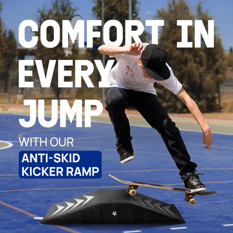 Skateboarder jumping on single-piece skateboard ramp for beginners, 44 inches long, skateboard and bike ramp for safe jumps.