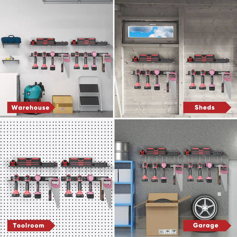 Power Tool Organizer Wall Mount With Drill Holder For Garage Keeps Your Tools Neat And Grab And Go Heavy Duty Tool Rack For Drills Saws And Bits Black Finish installed in various workshop settings