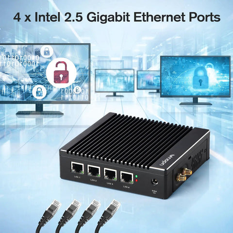No Fuss Fanless Firewall Mini Pc Packed With Intel J3710 Chips And Four Rock Solid Gigabit Lan Ports MSATA SSD Slot And AES NI Encryption Built Right For Network Gateway, showing four LAN ports.