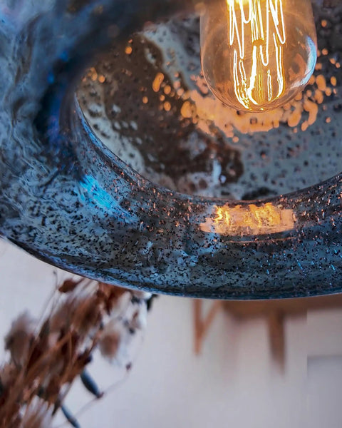 Close-up of Hand Blown Marble Blue Glass Pendant Light For Kitchen Island Over Dining Table Dope Modern Farmhouse Globe