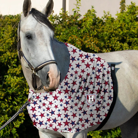 Breathable Elastic Horse Shoulder Guard Anti Rub Stretch Bib For Sensitive Skin Lightweight Comfortable Fit Designed To Move With Your Horse During Long Rides And Training With Vivid Stars Print on a gray horse outdoors