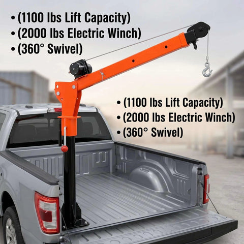 Beefy Truck Engine Hoist With Electric Winch And 2000 Lb Load Capacity mounted on truck bed, steel swivel jib lift