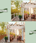 Before and after image showing patio transformed with Natural Reed Fence Screen Made From Bamboo For Outdoor Privacy 6 Feet By 16.4 Feet Durable Weatherproof Fencing For Patios Gardens Galleries Restaurants Hotels Brown Easy Install Rustic Look Shade And Privacy For Residential And Commercial Use installed along railing