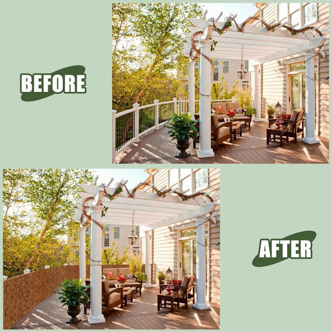 Before and after image showing patio transformed with Natural Reed Fence Screen Made From Bamboo For Outdoor Privacy 6 Feet By 16.4 Feet Durable Weatherproof Fencing For Patios Gardens Galleries Restaurants Hotels Brown Easy Install Rustic Look Shade And Privacy For Residential And Commercial Use installed along railing