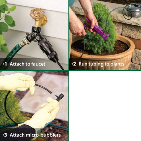 No Hassle Drip Irrigation Kit For Potted Plants And Small Gardens, 16 Piece Watering System showing setup steps