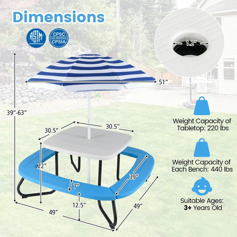 Dimensions and features of 8 Seat Kids Picnic Table Set With Foldable Umbrella For Outdoor Backyard Fun Built In Benches For Up To 8 Toddler Friendly Patio Or Garden Furniture Blue