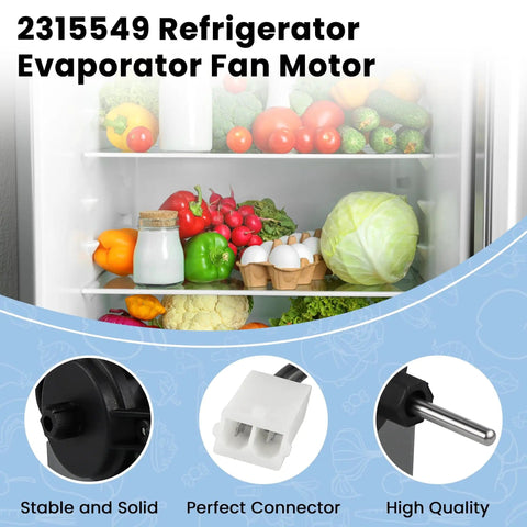 2315549 Refrigerator Evaporator Fan Motor detail with connector, solid build and quality for Whirlpool Kenmore WP2315549 replacement