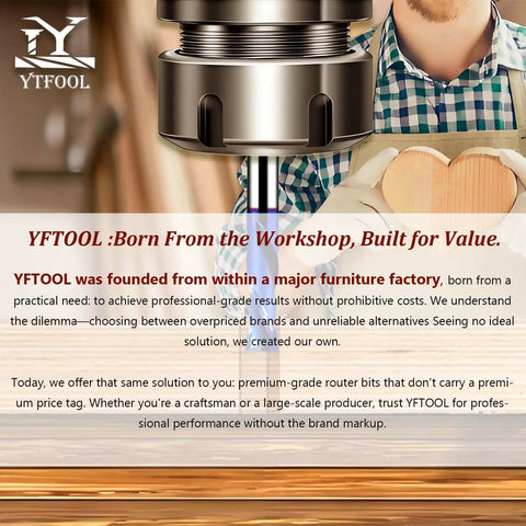 Promotional image for YFTOOL featuring CNC router bit illustration and workshop background
