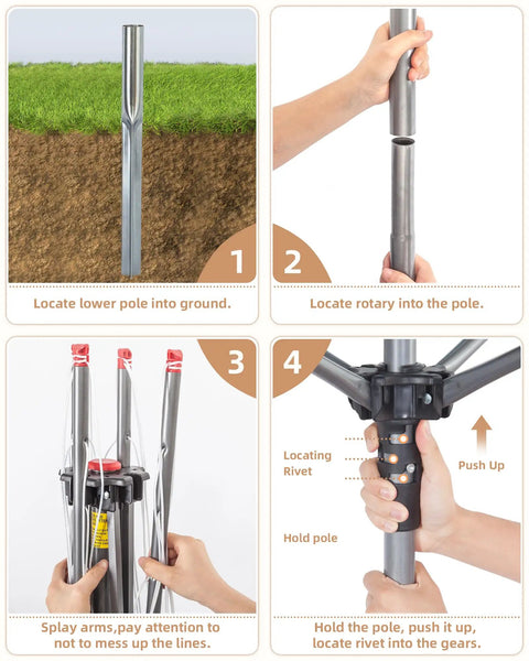 Backyard Game Changer Umbrella Clothesline assembly instructions showing pole installation steps and adjustments for outdoor use.