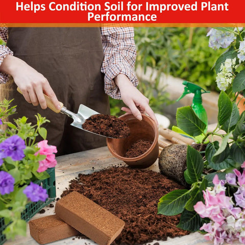 Person using Eight Pack Coco Coir Bricks 11.2 Lb Total Pro Grade Coconut Coir Potting Soil for planting in a garden
