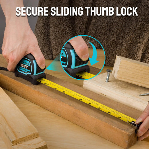 Using Magnetic Tape Measure 25 Ft With Fractions 1/8 Inch on wood with secure sliding thumb lock, dual-sided readings.