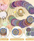 Diamond Art Coasters Kit With Holder For Grownups And Beginners, 20 Mandala Style Coasters, 12 Cork Bases, Colorful Diamonds, Clay Glue, Pen, Tray, And Tools, DIY Diamond Art Crafts Set displayed on table with flowers