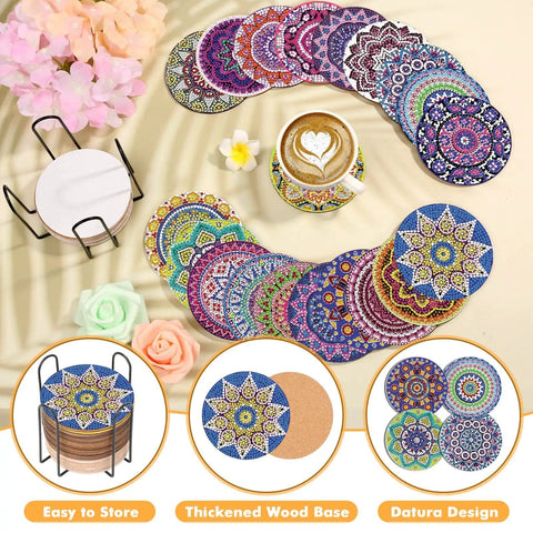 Diamond Art Coasters Kit With Holder For Grownups And Beginners, 20 Mandala Style Coasters, 12 Cork Bases, Colorful Diamonds, Clay Glue, Pen, Tray, And Tools, DIY Diamond Art Crafts Set displayed on table with flowers