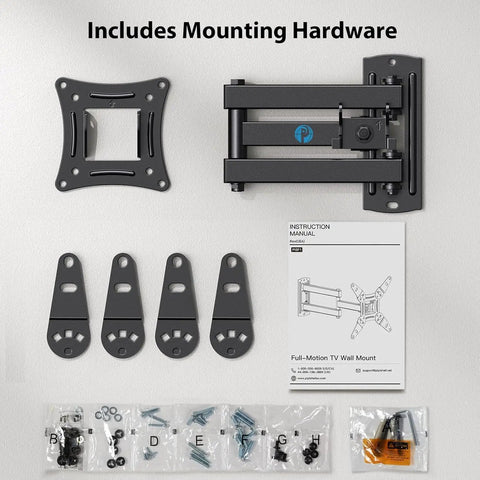 Next Level Full Motion TV Wall Bracket Slick Swivel Tilt Extend Arm for 13 to 43 Inch includes mounting hardware and manual.