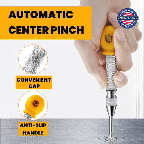 Hand using Spring Loaded Center Punch Marker For Wood Metal Plastic With Palm Cushion Cap 5 Inch Automatic Scriber Tool on metal surface