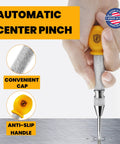 5 Inch Automatic Center Punch Set With Spring Loaded Action For Metal Wood Plastic Palm Cap Replacement Tips And Springs Included Case Pack Of 2 Pro Grade Durable Cr V Steel Construction in hand used on metal surface