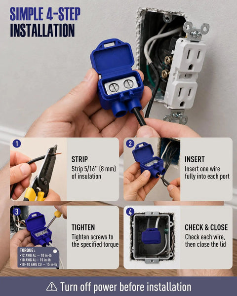 Premium Wire Connectors For Aluminum To Copper, Double Port Screw Terminal Housing With Ready Mixed Oxide Inhibitor Paste, Blue Electrical Splices 15 Pack showing installation steps