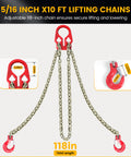Three-leg Grade 80 steel lifting chain sling with red grab hooks and central top connector, 118-inch total length.