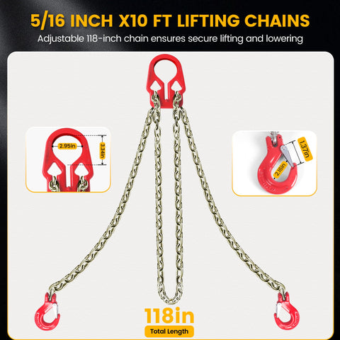 Three-leg Grade 80 steel lifting chain sling with red grab hooks and central top connector, 118-inch total length.